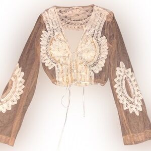 Luxxel Cropped Long Sleeve Sheer Lace Blouse - Cream and White